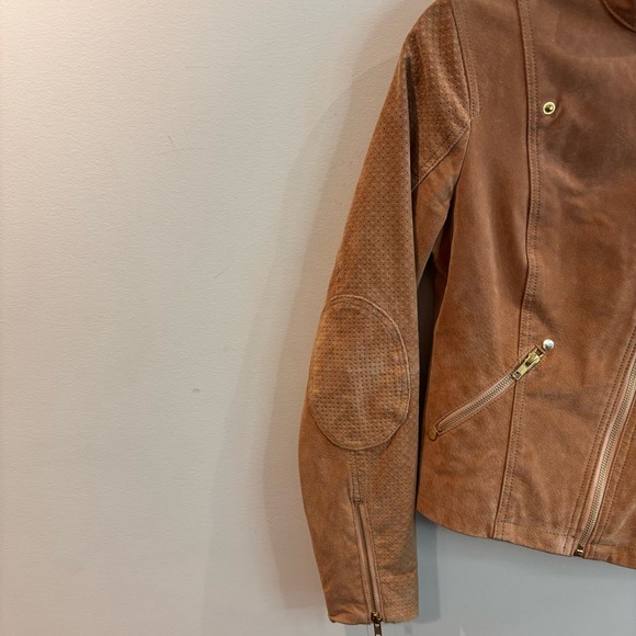 GOOSECRAFT Sz L Moto Style Jacket Biker 032 Suede Gold Hardware Leopard Lining - Picture 3 of 13